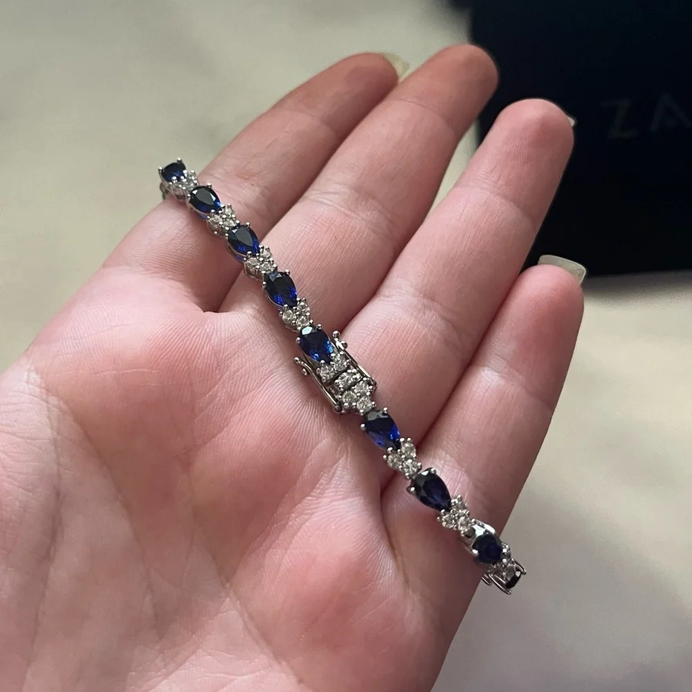 ZALES | Pear-Shaped Blue and White Sapphire Trios Bracelet in Sterling Silver - Picture 5 of 8